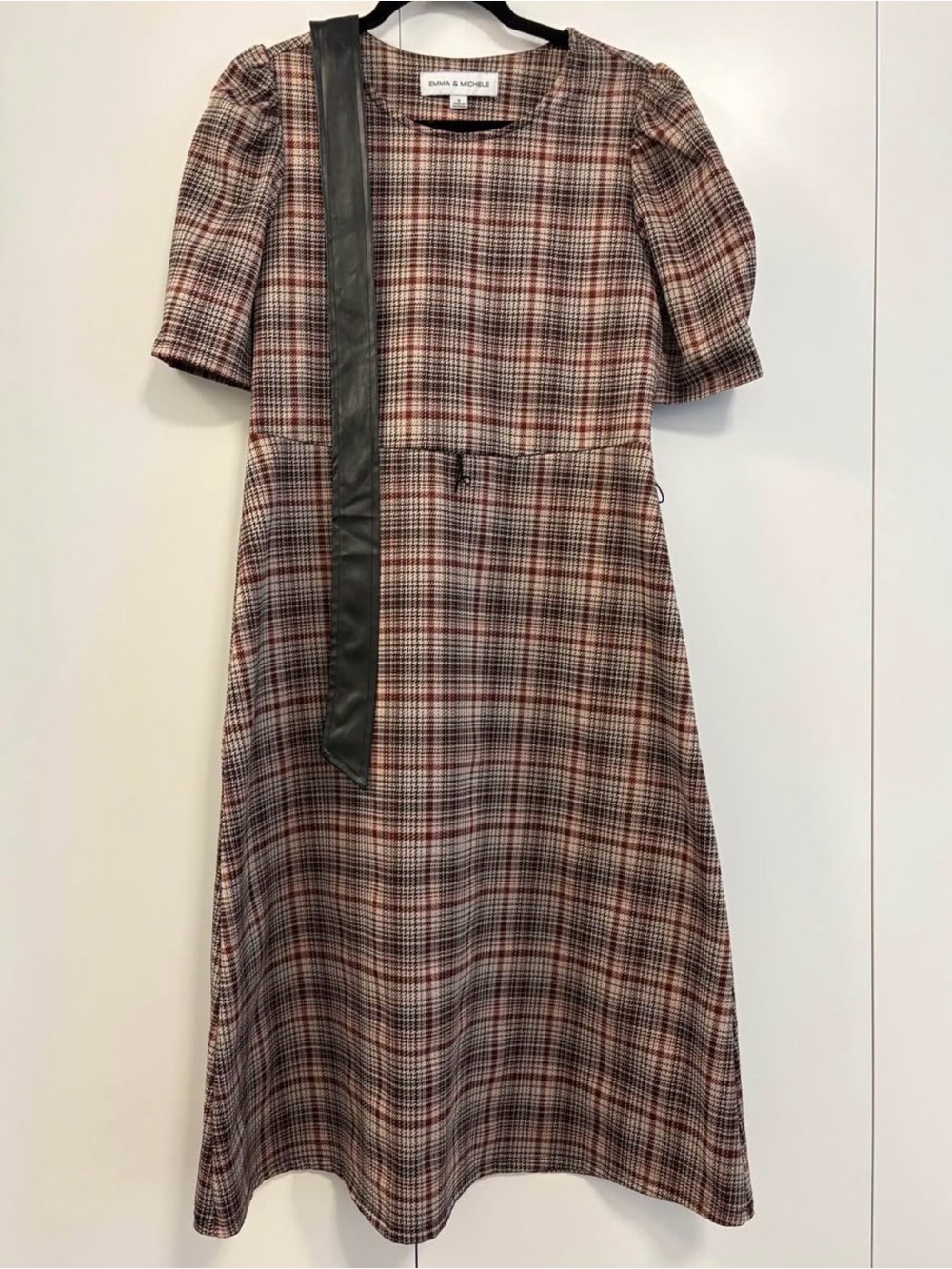 Plaid Midi Dress in Brown and Black with Leather Tie